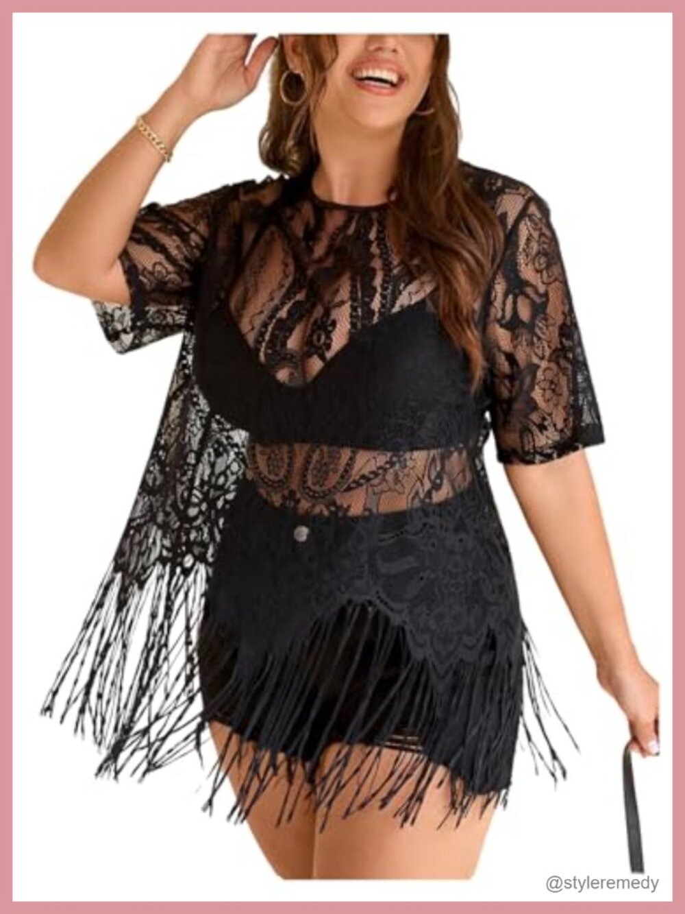 Plus Size Fringe Lace Tassel Hem Short Sleeve Boho T-Shirt Festival Top